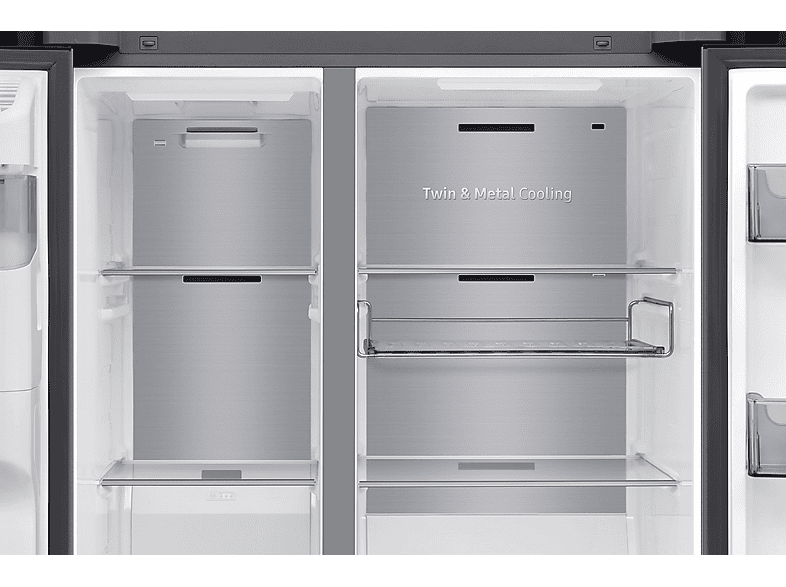 Frigorífico americano - Samsung Family Hub Bespoke AI RS90F66BETEF, Twin Cooling, 178.4 cm, 614 l, Dispensador agua y hielo, Balda botellero, Inox