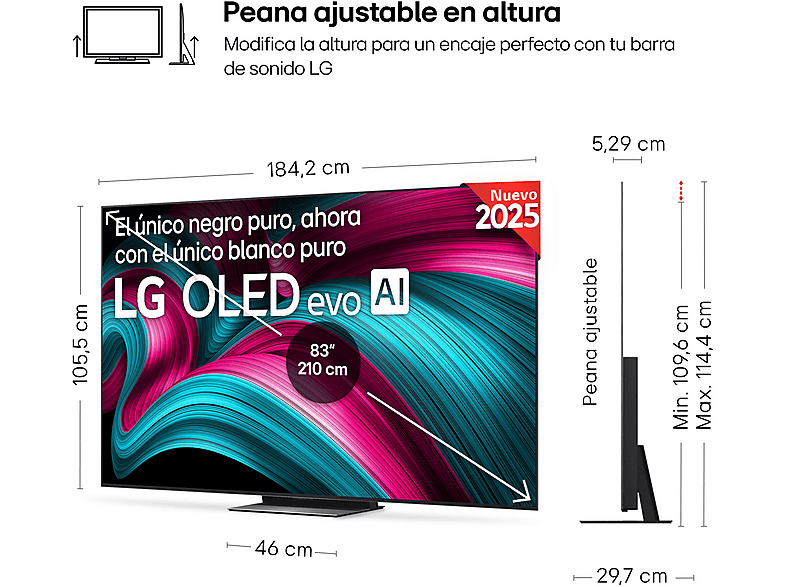 TV OLED 83" - LG OLED83C54LA, OLED 4K, Procesador Inteligente α9 AI Processor 4K Gen8, Smart TV, DVB-T2 (H.265), Negro