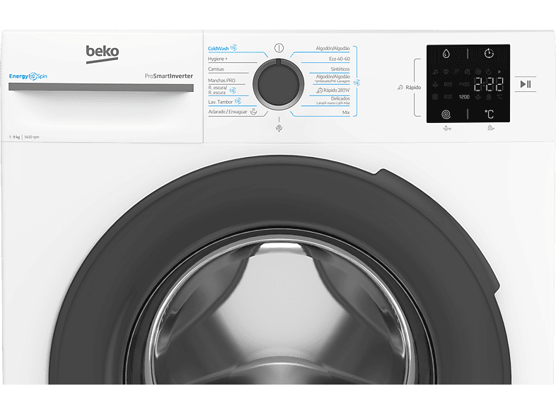 Lavadora carga frontal - Beko VBM3WFT39413WA, 9 kg, 1400 rpm, 15 programas, Energy Spin, Steam Cure, Motor ProSmart Inverter, Blanco
