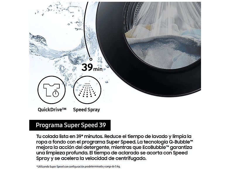 Lavadora secadora - Samsung WD90DG5G34BEEC, 9kg/5kg 1400 rpm, 13 programas, AI Ecobubble™ Clase E/A-10%, fondo reducido, Blanco