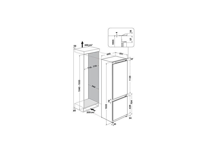 Frigorífico combi integrable - Whirlpool WH SP70 T121, Total No Frost, Altura 193.5 cm, 394 l, Ancho especial 70 cm, Tecnología 6th sense, Sin panelar