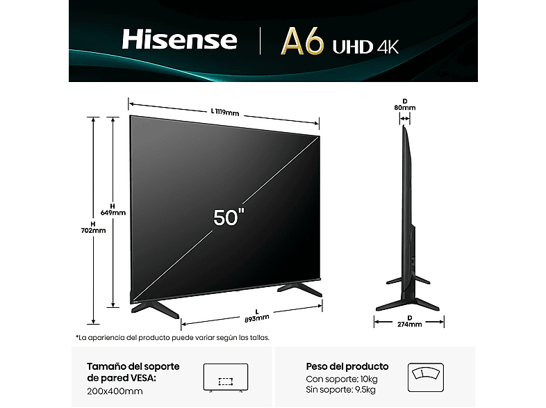 TV LED 50" - Hisense 50A6Q, UHD 4K, Quad Core/MT9603, IA 4K Upscaler, Modo Juego Plus, Control por voz, Negro