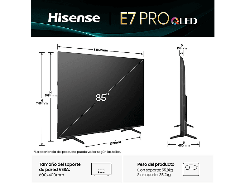 TV QLED 85" - Hisense 85E7Q PRO, QLED 4K, Quad Core/MT9618, Procesador Hi-View Engine, 144 Hz, IA Upscaler, Negro