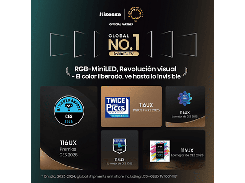 TV RGB Mini LED 116" - Hisense 116UXQ, UHD 4K, Dynamic X‑Display, Procesamiento con IA, Negro