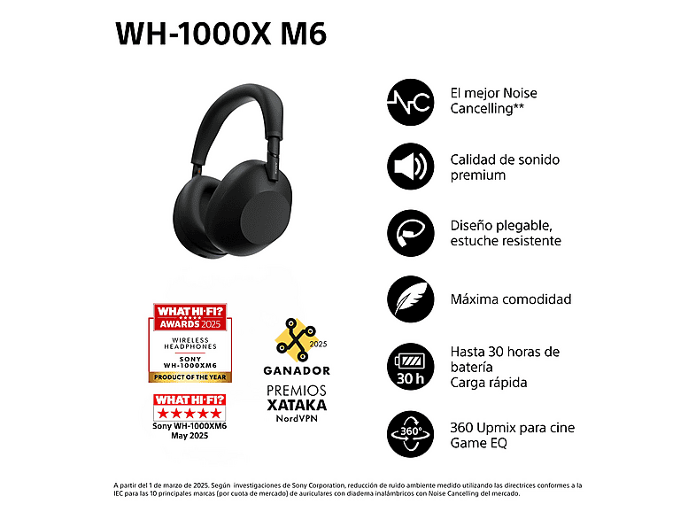 Auriculares inalámbricos - Sony WH-1000XM6, Cancelación ruido, 30h Autonomía, Hi-Res, Carga Rápida, Cómodo, Plegable, iOS/Android, Negro