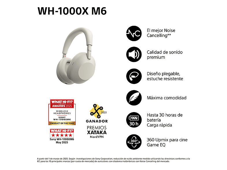 Auriculares inalámbricos - Sony WH-1000XM6, Cancelación ruido, 30h Autonomía, Hi-Res, Carga Rápida, Cómodo, Plegable, iOS/Android, Plata