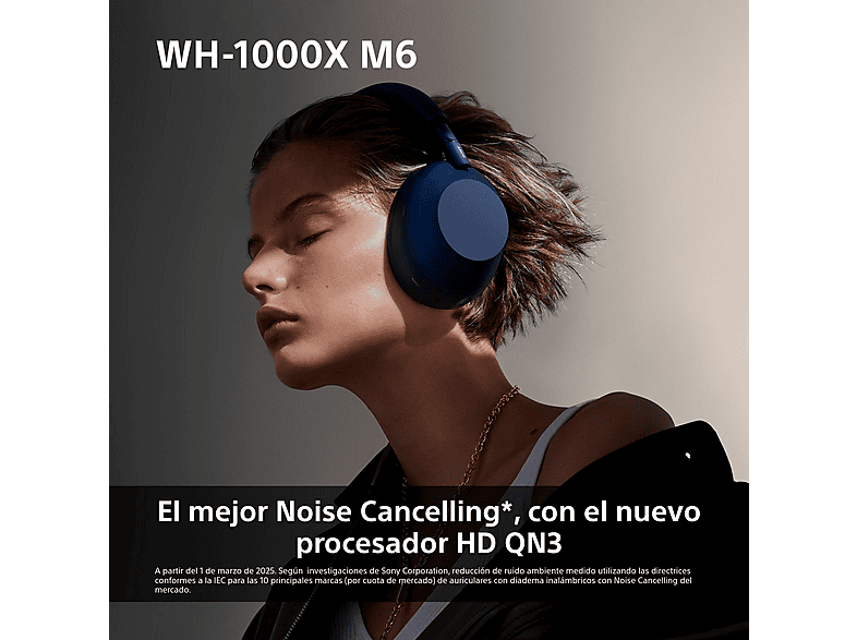Auriculares inalámbricos - Sony WH-1000XM6, Cancelación ruido, 30h Autonomía, Hi-Res, Carga Rápida, Cómodo, Plegable, iOS/Android, Azul