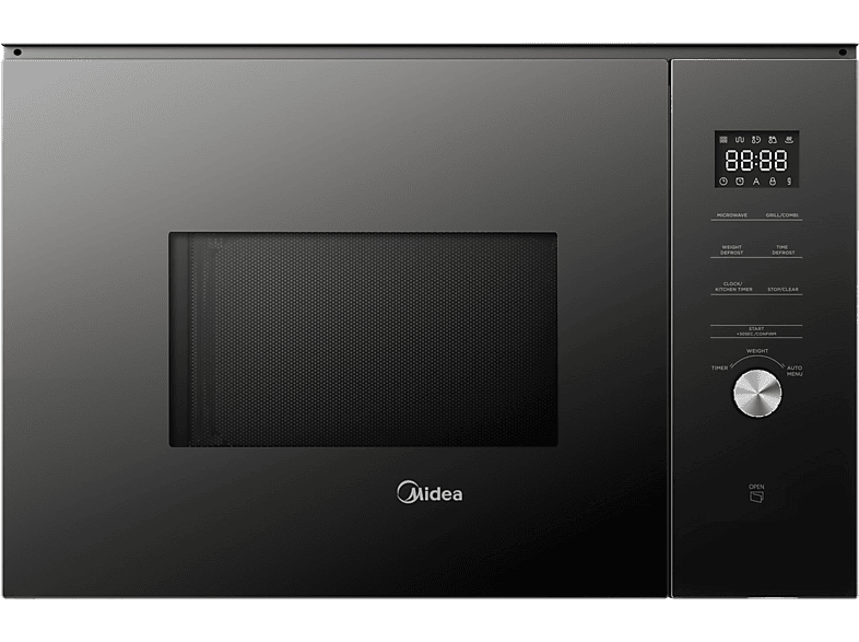 Microondas con grill integrable - Midea MBMTG925E-BK, 900 W, 1200W Potencia Grill, 7 Funciones, 25l, Cristal Negro