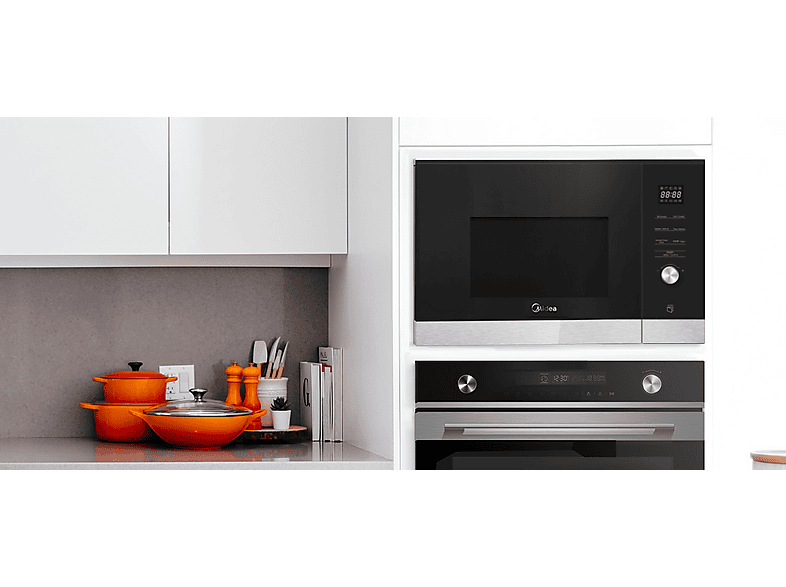 Microondas con grill integrable - Midea MBMTG925E-BK, 900 W, 1200W Potencia Grill, 7 Funciones, 25l, Cristal Blanco