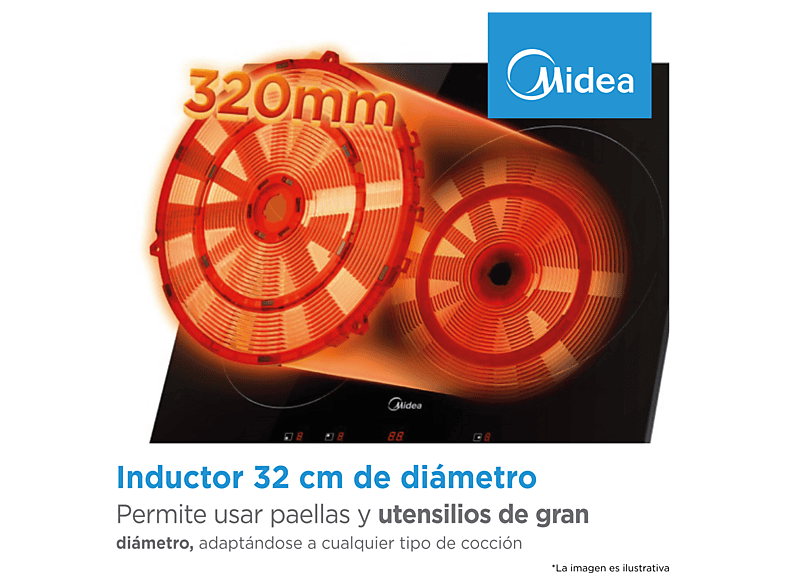 Placa inducción - Midea MIH740T467K0, 3 Zonas, 32 cm Zona Grande, 59 cm Ancho, 9 Niveles de Potencia, Negro