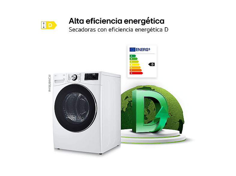 Secadora bomba de calor - LG RH18U8AVCW, 18 kg, 15 programas, 6 Motion™, Eco Hybrid™, Blanco