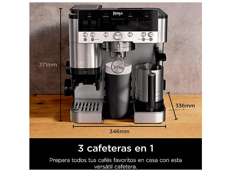 Cafetera express - Ninja Luxe Café Premier ES601EU, 9 bar, 1650W, 2 Tazas, Capacidad del depósito 2L, Capacidad de café en grano 250g, Plata