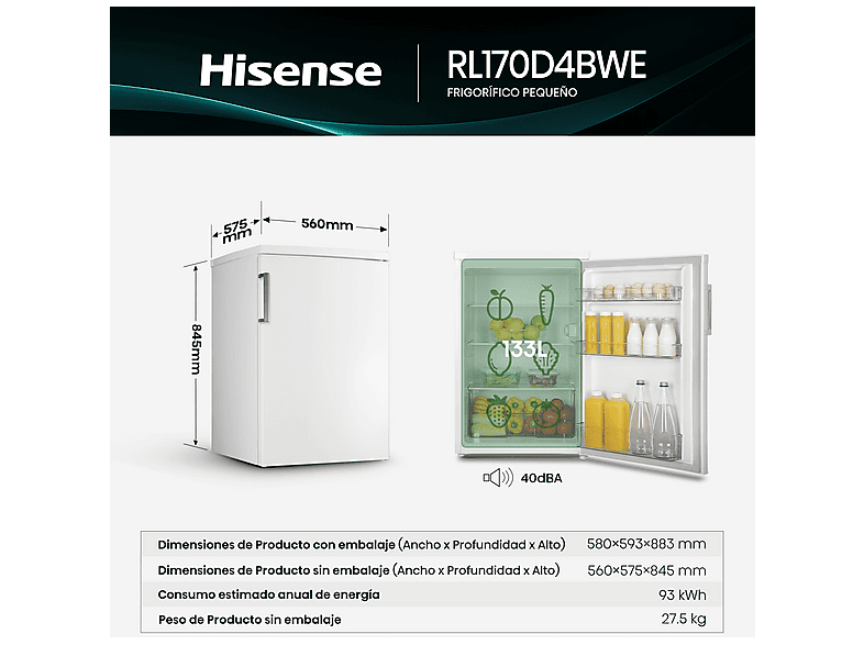 Nevera pequeña - Hisense RL170D4BWE, 133 L, 84.5 cm, Cíclico, Puerta reversible, 40 dB, Blanco