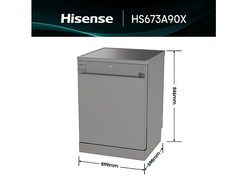 Lavavajillas - Hisense HS673A90X, 16 servicios, 7 programas, 59.9 cm, Conectividad Wi Fi, Tercera bandeja, Inox
