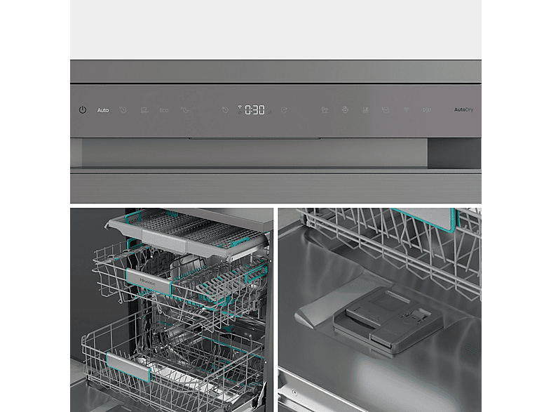 Lavavajillas - Hisense HS673A90X, 16 servicios, 7 programas, 59.9 cm, Conectividad Wi Fi, Tercera bandeja, Inox