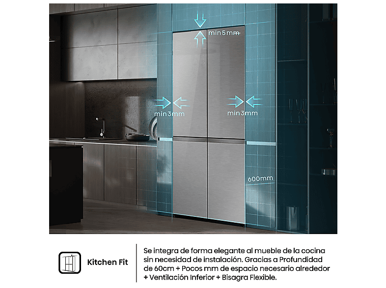 Frigorífico americano - Hisense RQ5P605NSVE, No Frost, 190 cm, 591 L, Kitchen Fit, Cajón de vacío, Cristal Inox