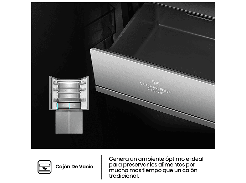 Frigorífico americano - Hisense RQ5P605NSVE, No Frost, 190 cm, 591 L, Kitchen Fit, Cajón de vacío, Cristal Inox
