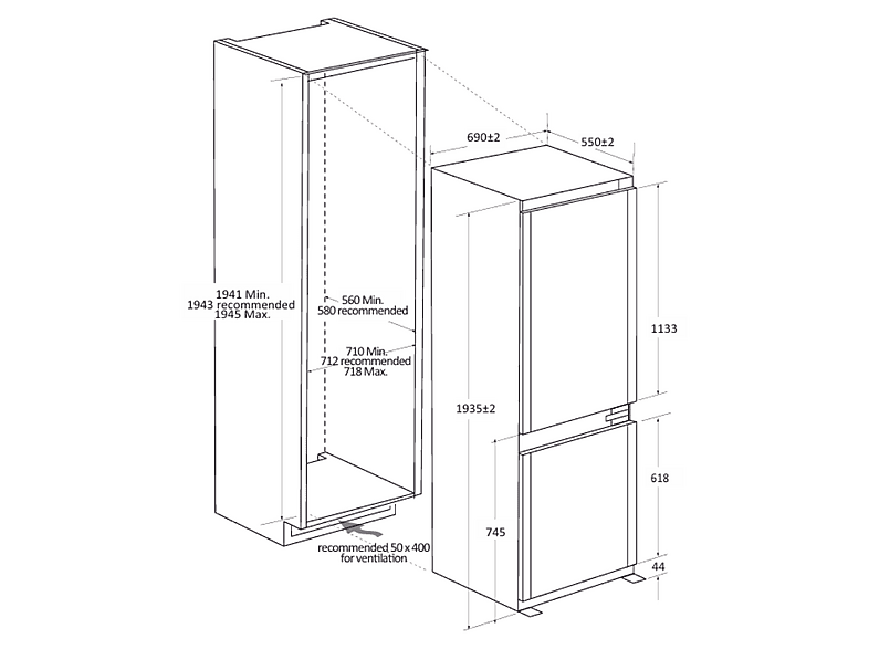 Frigorífico combi integrable - Haier HBQW5719E, No Frost, 193.5 cm, 382 l, Sin Panelar