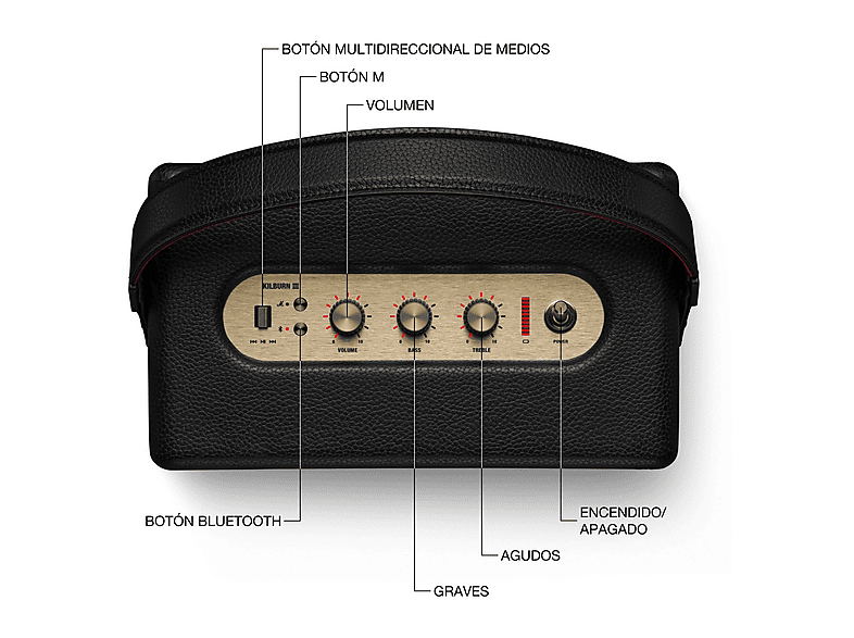 Altavoz bluetooth - Marshall Kilburn III, 90W, Bluetooth, 50h Autonomía, IP54, Black and Brass