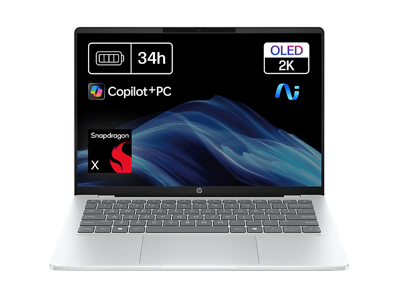 Portátil - HP OmniBook 5 NGAI 14-he0000ns Copilot+ PC, 14" 2K, Snapdragon X1-26-100 45 TOPS, 16GB RAM, 512GB SSD, Gráficos Adreno™, W11 Home, Plata