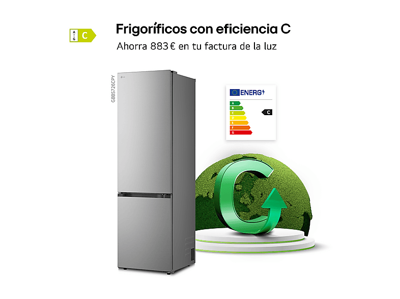Frigorífico combi - LG GBBS726CPY, No Frost, 203 cm, 375 l, DoorCooling+™, Digital FRESHConverter+™, Inox antihuellas