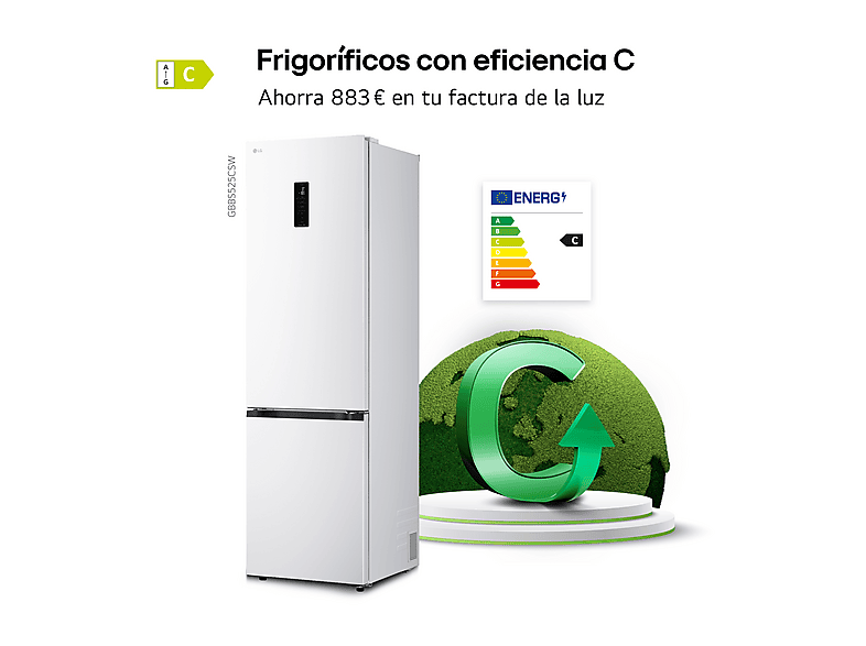 Frigorífico combi - LG GBBS525CSW, No Frost, 203 cm, 375 l, DoorCooling+™, Digital FRESHConverter+™, Blanco