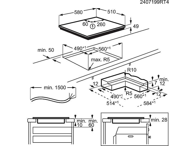 Placa inducción - AEG TN63IV0BCT, 3 zonas, Zona grande 32 cm, Mandos independientes, 58 cm, Negro mate