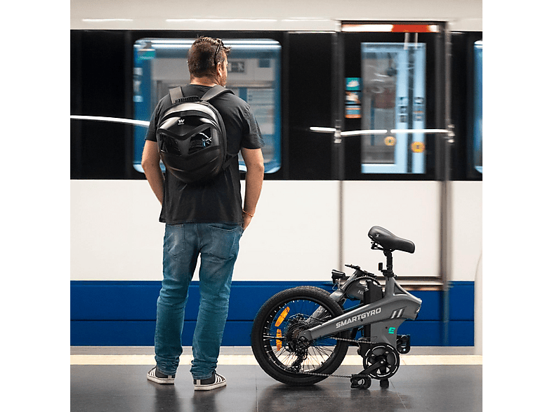 Bicicleta urbana - Smartgyro Nimbus, Eléctrica, Plegable, Potencia Nominal 250W, Velocidad 25 km/h, 60 km, IPX4, Gris