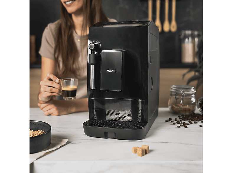 Cafetera superautomática - Koenic KFAC 2016025 ES, 20 bar, 1.6 l, 2 tazas, Panel táctil, Molinillo cónico con 5 ajustes, Negro