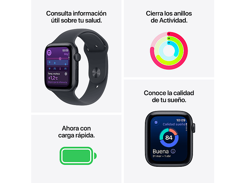 Smartwatch - Apple Watch SE 3 (2025), GPS+CEL, 40 mm, Caja de aluminio Blanco estrella, Correa deportiva Blanco estrella, S/M, Calidad sueño