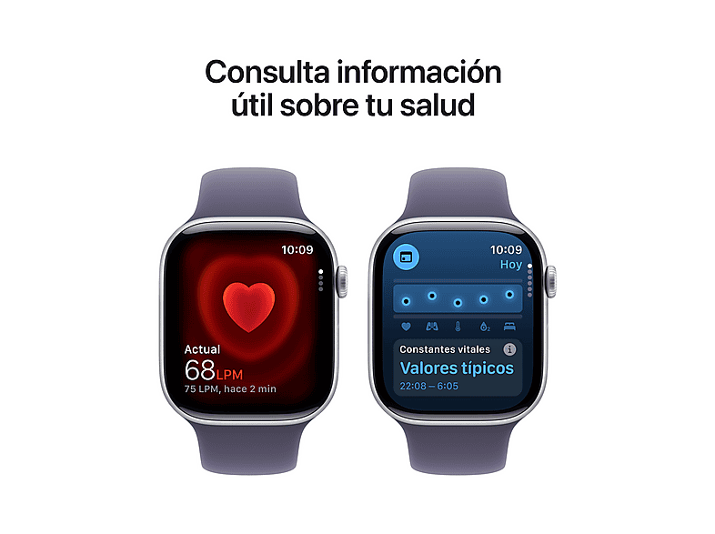 Smartwatch - Apple Watch Series 11 (2025), GPS, 46 mm, Caja de aluminio Plata, Correa deportiva Niebla lila, M/L, Calidad del sueño, 24h Autonomía