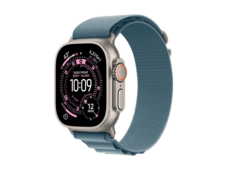 Smartwatch - Apple Watch Ultra 3 (2025), GPS+CEL, 49 mm, Caja de Titanio Natural, Correa Alpine Loop Azul claro, M, Calidad del sueño, Via satélite