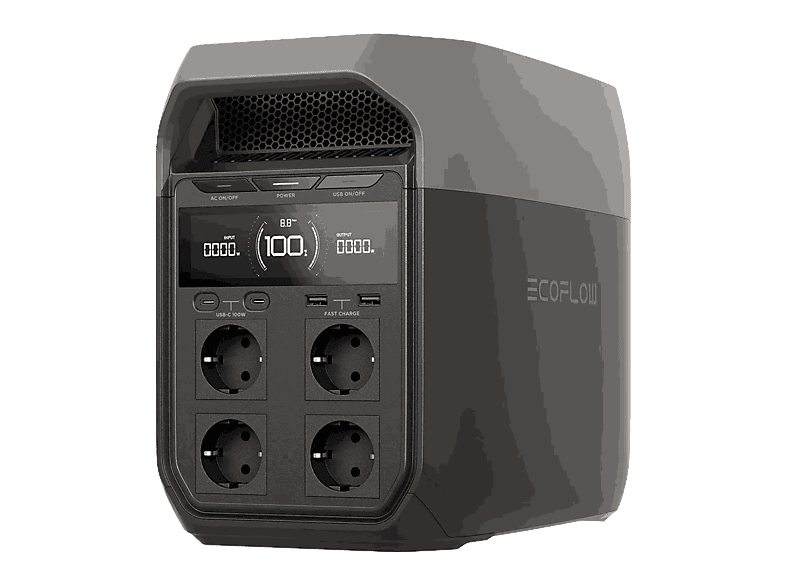 Estación de energía - Ecoflow Delta 3, 1800 W, 1024 Wh, IP65, 2x USB-C, 2x USB-A, 4x CA, 1x CC, Wi-Fi, Bluetooth, Negro