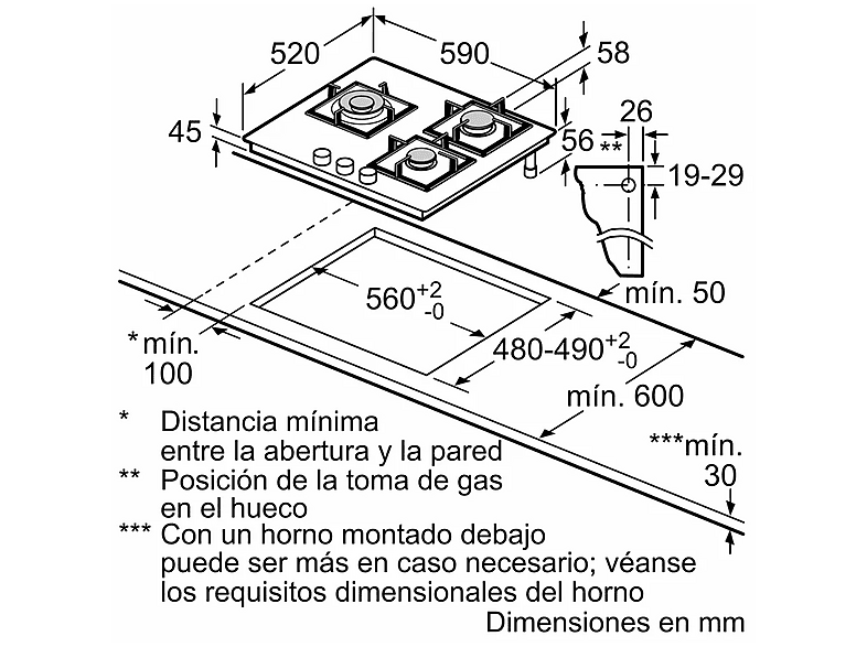 Placa de gas - Bosch PPC6A6I10, 3 zonas, Ancho 59 cm, Gas natural, Vidrio templado, Negro
