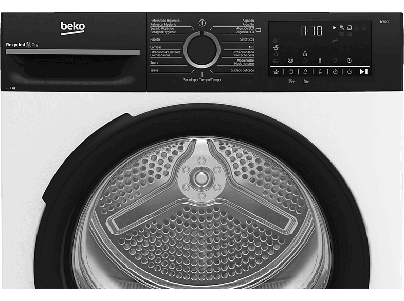 Secadora bomba de calor - Beko BM3T48249W, 8 kg, 15 Programas, Motor ProSmart Inverter, Pantalla digital, AquaWave, Blanco