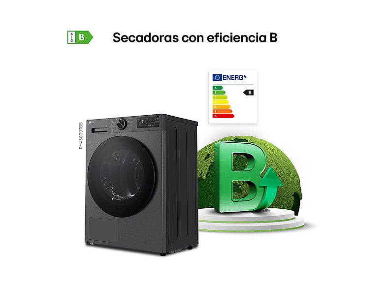 Secadora bomba de calor - LG RHX5009TBB, 9 kg, 12 programas, AI DUAL Inverter™, ThinQ™, Acero Grafito Mate Antihuellas