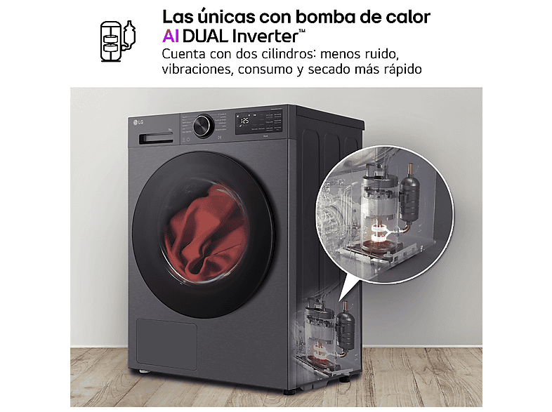 Secadora bomba de calor - LG RHX5009TBB, 9 kg, 12 programas, AI DUAL Inverter™, ThinQ™, Acero Grafito Mate Antihuellas