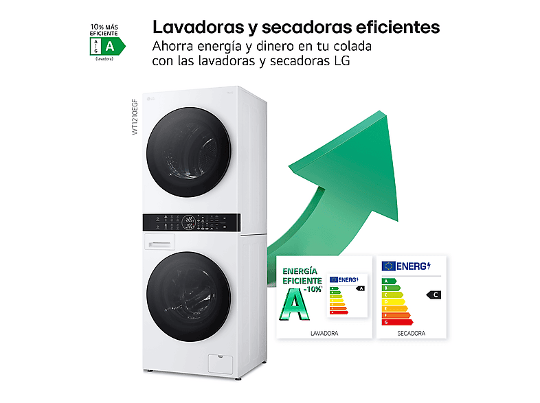 Lavadora secadora - LG WT1210WWF, Torre de lavado 12/10 kg, TurboWash™, Smart Pairing™, Blanco