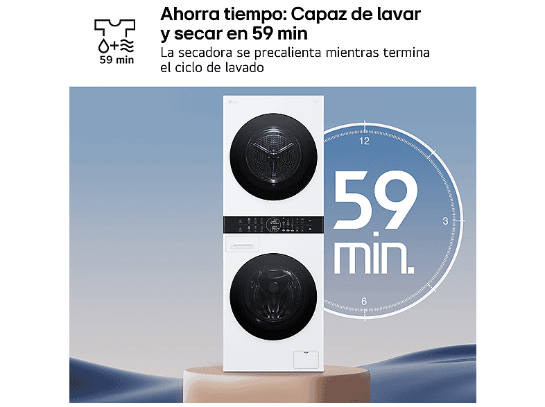 Lavadora secadora - LG WT1210WWF, Torre de lavado 12/10 kg, TurboWash™, Smart Pairing™, Blanco