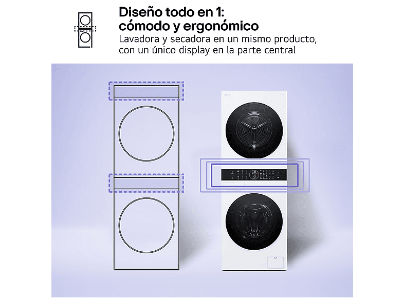 Lavadora secadora - LG WT1210WWF, Torre de lavado 12/10 kg, TurboWash™, Smart Pairing™, Blanco