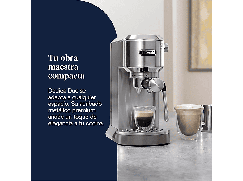 Cafetera express - De Longhi, De'Longhi EC890.M Dedica Duo Cold Brew, 15 bar, 1450W, 1.1 l, Capacidad para 2 tazas, Metal