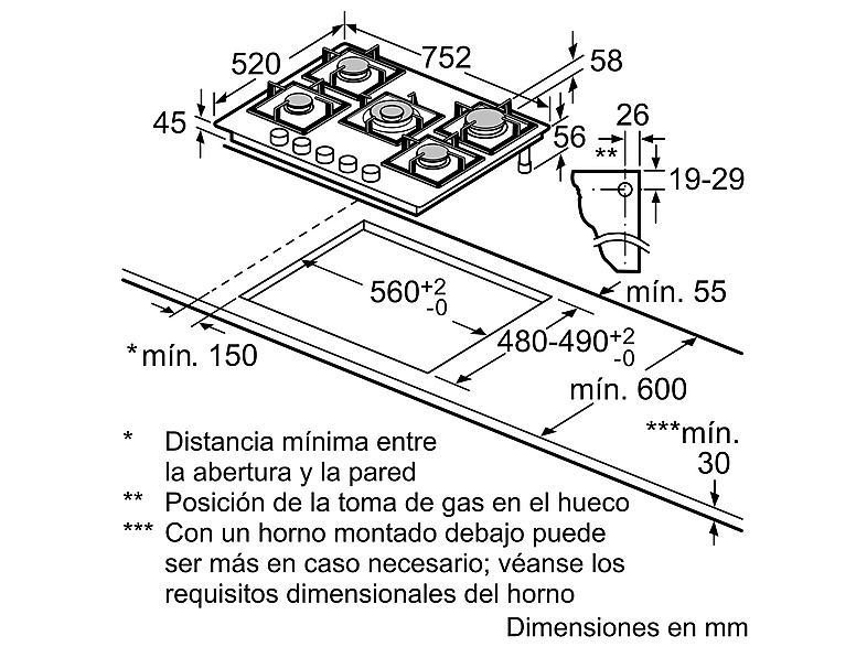 Placa de gas - Balay 3ETG676RB, 5 zonas, 28 cm zona grande, Gas butano, 75.2 cm, Negro