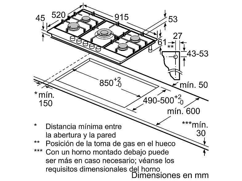 Placa de gas - Bosch PCR9A5I90, 5 Zonas, Gas natural, 91.5 cm, Acero inoxidable