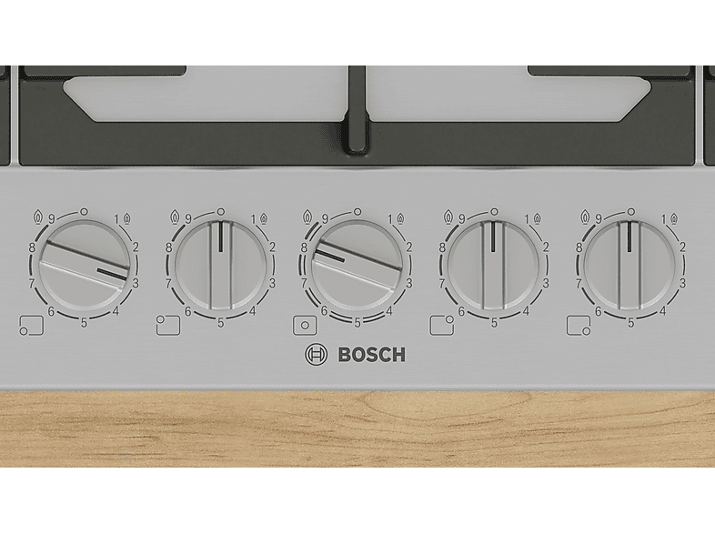 Placa de gas - Bosch PCR9A5I90, 5 Zonas, Gas natural, 91.5 cm, Acero inoxidable