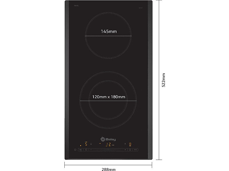 Placa vitrocerámica - Balay 3EB731LQ, 2 Zonas, 18 cm zona grande, 28.8 cm, Modular, Negro