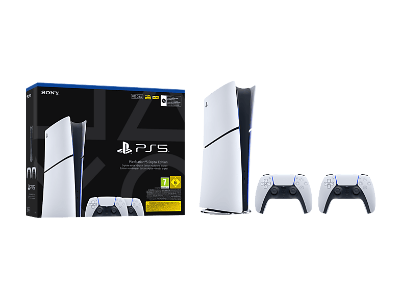 Consola - Sony PS5 Slim Digital Edition, 825 GB SSD, 4K, 2 mandos DualSense, Chasis E, Blanco