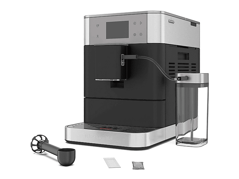 Cafetera express - KitchenAid 5KES8557EBK, 15 bar, 1450W, Depósito 2.2L, 2 Tazas, Espumador de Leche Automático, Plata/Negro
