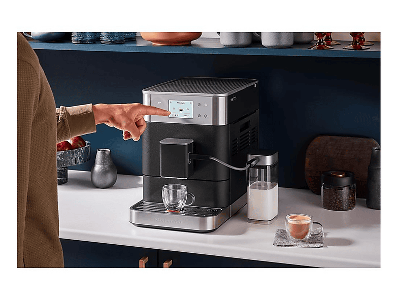 Cafetera express - KitchenAid 5KES8557EBK, 15 bar, 1450W, Depósito 2.2L, 2 Tazas, Espumador de Leche Automático, Plata/Negro