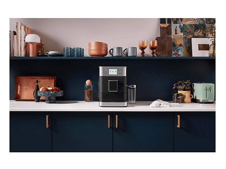 Cafetera express - KitchenAid 5KES8557EBK, 15 bar, 1450W, Depósito 2.2L, 2 Tazas, Espumador de Leche Automático, Plata/Negro