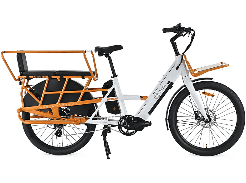 Bicicleta urbana - Youin Berlin, Motor Central 250 W, Par Motor de 57 Nm, 25 km/h, Autonomía hasta 125 km, Ruedas de 26”, Blanco/Naranja